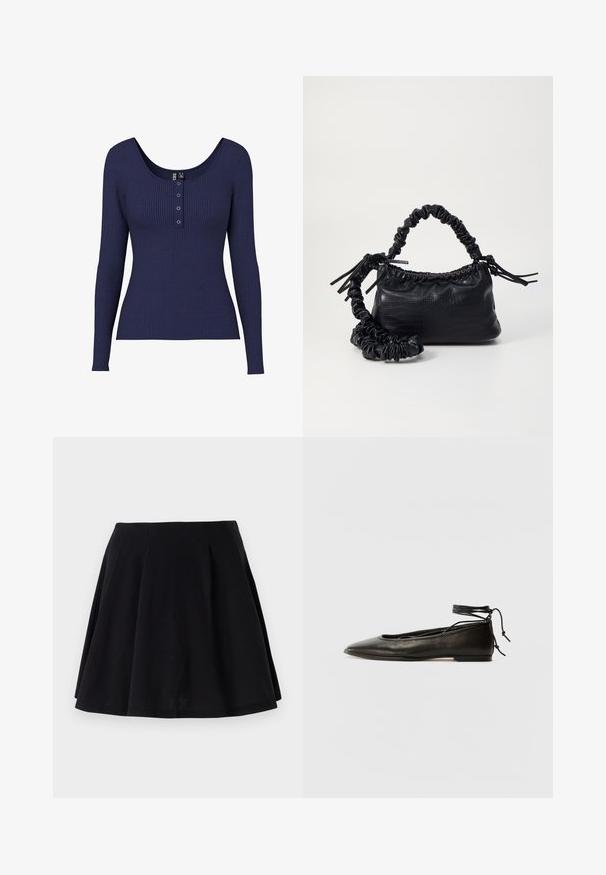 Bluză lungă cu mâneci, din material ribbed, de culoare albastru marin, cu decolteu rotund și o deschidere cu nasturi, evidențiată de trei nasturi metalici în centrul său.; Fustă din bumbac neagră cu o siluetă evazată, decorată cu pliuri în zona taliei și o textură netedă. Potrivită pentru ținute casual.; Balerini din piele neagră, cu vârf ascuțit, șnur pentru glezna și talpă plată, având o textură netedă și un design minimalist.; Geantă din faux leather neagră cu textură de crocodil, cu partea superioară strânsă și o curea mototolită. Pare moale și compactă ca design.