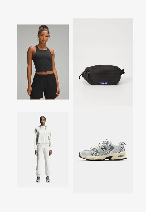 Crni rebrasti kratki top u kombinaciji s crnim šortsevima s elastičnim pojasom. Glatka tekstura, prilagođen dizajn, prikladno za aktivno nošenje.; Svijetlosmeđa dukserica s logom, u kombinaciji s odgovarajućim trenirkom. Mekani materijal, opušteni kroj, elastične manžete i reflektirajući detalji. Upareno s plavim sportskim cipelama.; Sive i bijele sportske cipele napravljene od mrežastih i sintetičkih materijala. Imaju podstavljenu đon, vezice i vidljivi logo sa strane.; Patagonia TERRAVIA MINI HIP PACK UNISEX - Pojasna torbica - black