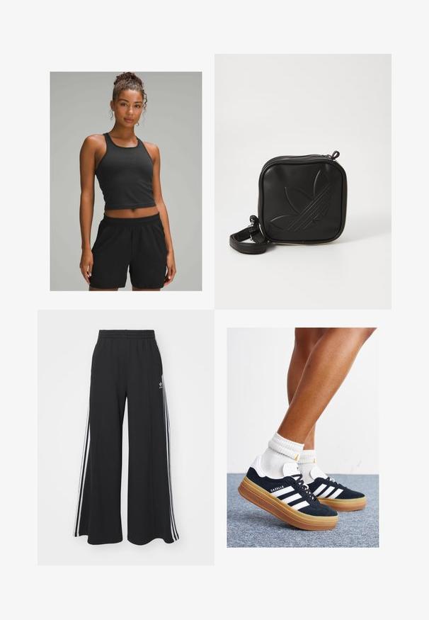 Czarny prążkowany krótki top bez rękawów w zestawieniu z czarnymi szortami na elastycznej talii. Gładka tekstura, dopasowany krój, odpowiedni do aktywności fizycznej.; Czarne szerokie spodnie dresowe z elastycznym pasem, z białymi paskami po bokach i haftowanym logo na lewej udzie.; Czarne zamszowe trampki z białymi paskami i akcentami, zaokrąglonym noskiem, gumową podeszwą w kolorze jasno-brązowym, zestawione z białymi żebrowanymi skarpetkami do kostki.; Czarna torba na ramię wykonana z teksturowanego materiału syntetycznego. Posiada wytłoczone logo oraz regulowany pasek. Zamek błyskawiczny.