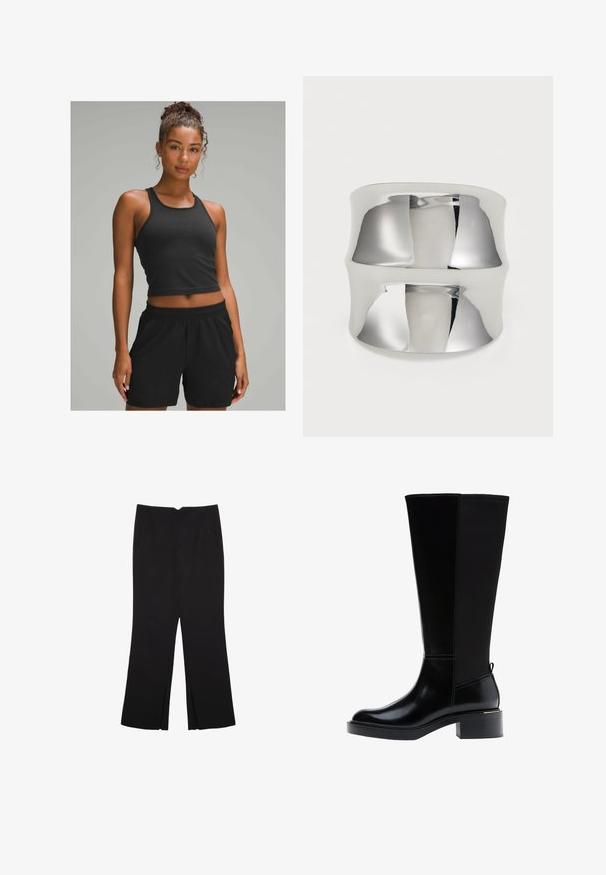 Czarny prążkowany krótki top bez rękawów w zestawieniu z czarnymi szortami na elastycznej talii. Gładka tekstura, dopasowany krój, odpowiedni do aktywności fizycznej.; Czarne spodnie o prostym kroju, z przednimi kieszeniami i bocznymi rozcięciami na dole. Wykonane z miękkiego, gładkiego materiału. Odpowiednie na różne okazje.; Czarny kozaki za kolano z gładkim wykończeniem ze skóry, widocznym przeszyciem, masywnym obcasem i fakturowanym tylnym panelem dla dodatkowego efektu.; Srebrna obrączka w kształcie mankietu o gładkiej, odbijającej powierzchni. Posiada zakrzywiony design i szeroki pasek, tworząc nowoczesny, minimalistyczny wygląd.
