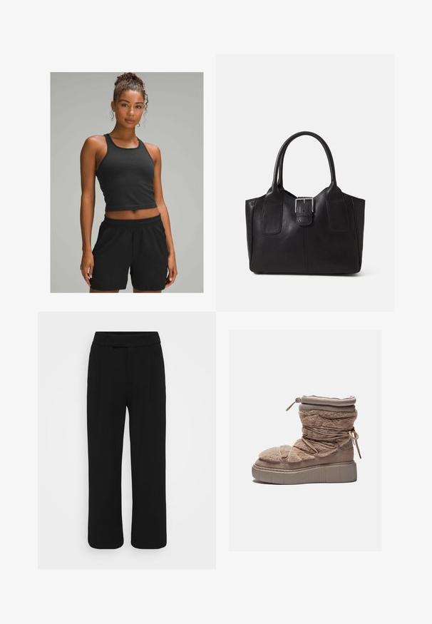 Černý žebrovaný crop tank top v kombinaci s černými šortkami se strečovým pasem. Hladký materiál, přiléhavý design, vhodné pro aktivní nošení.; Černé kalhoty širokého střihu vyrobené z hladké látky, s plochým předním dílem, poutky na opasek a bez viditelných kapes. Čistý, módní design.; Chlupaté béžové kotníkové boty s masivní platformou, staženým svrškem a elastickými tkaničkami. Mají zipové zapínání a měkkou texturu materiálu.; Černá kožená tote taška s hladkým povrchem, strukturovaným tvarem, dvěma uchy a výrazným stříbrným detailem s přezkou na přední straně.