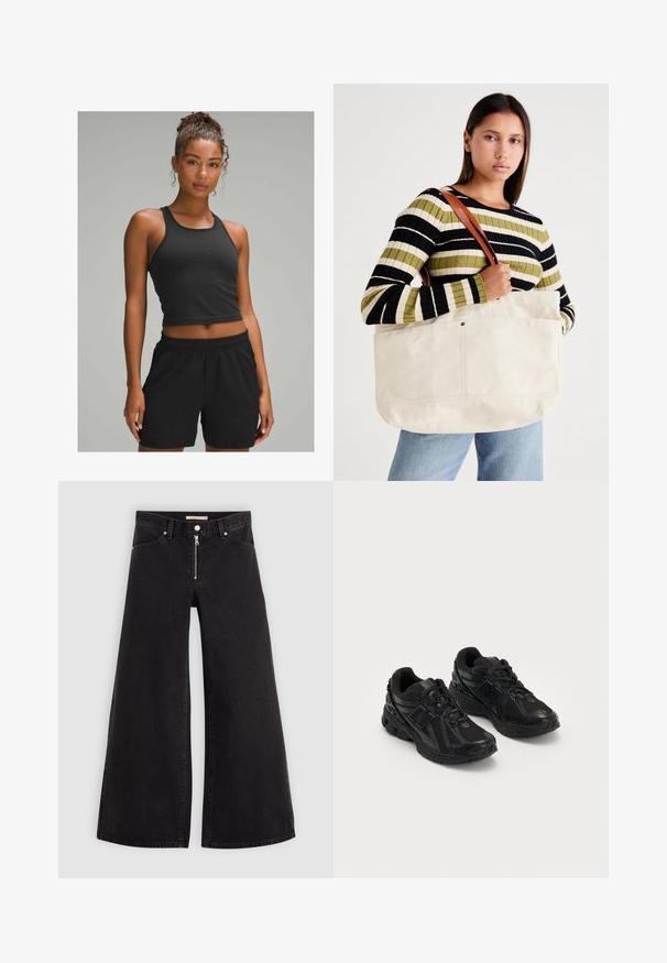 Čierny rebrovaný crop top spárovaný s čiernymi šortkami s elastickým pásom. Hladká textúra, priliehavý dizajn, vhodné na aktívne nosenie.; Dlhé nohavice vo voľnom strihu z čierneho denimu so zipsom vpredu, päť vrecúškovým dizajnom a jemnými stehovými detailmi. Hladká textúra a neformálny štýl.; Čierne atletické topánky vyrobené z mešových a syntetických materiálov. Obsahujú vystlanú podrážku, textúrované vzory a embosované logo na boku.; Veľká béžová plátená taška s hnedými koženými popruhmi, ktorá sa vyznačuje minimalistickým dizajnom a viditeľnými opatreniami šitia.