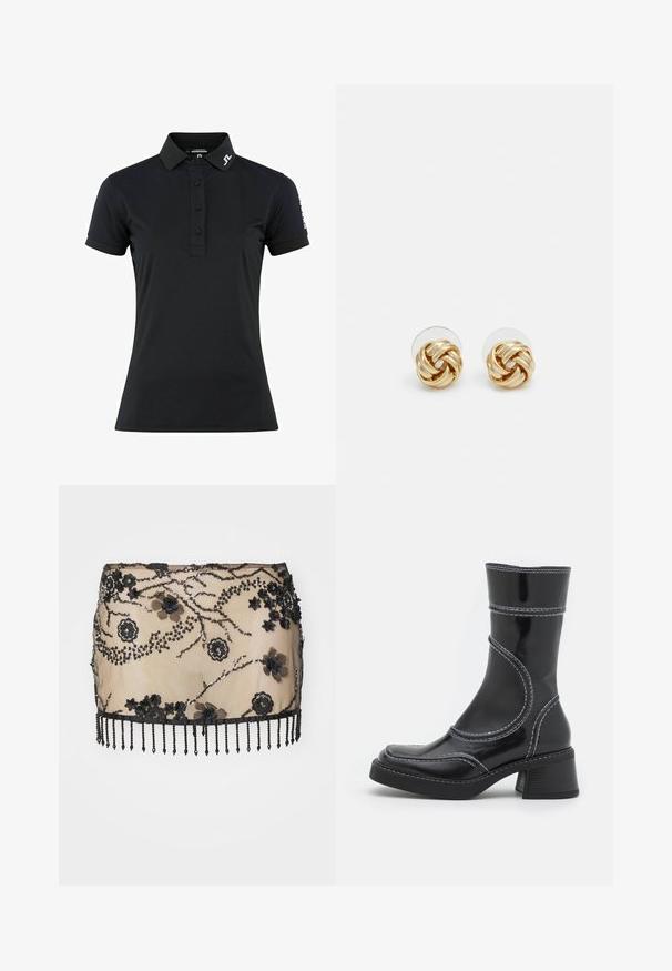 Tricou polo negru dintr-un material neted, cu guler, placket cu trei nasturi și mâneci scurte. Accente cu logo pe guler și pe mânecă.; Fustă mini neagră cu aplicații florale, paiete și un tiv cu franjuri din mărgele. Fabricată din material transparent cu detalii complicate.; Cizmă ankle din piele patent neagră cu cusături albe, vârf rotund și toc pătrat. Prezintă linii de design curbe și o textură netedă.; Cercei cu tija aurie, cu un design răsucit. Fiecare cercel are un fundal circular transparent pentru o purtare sigură.