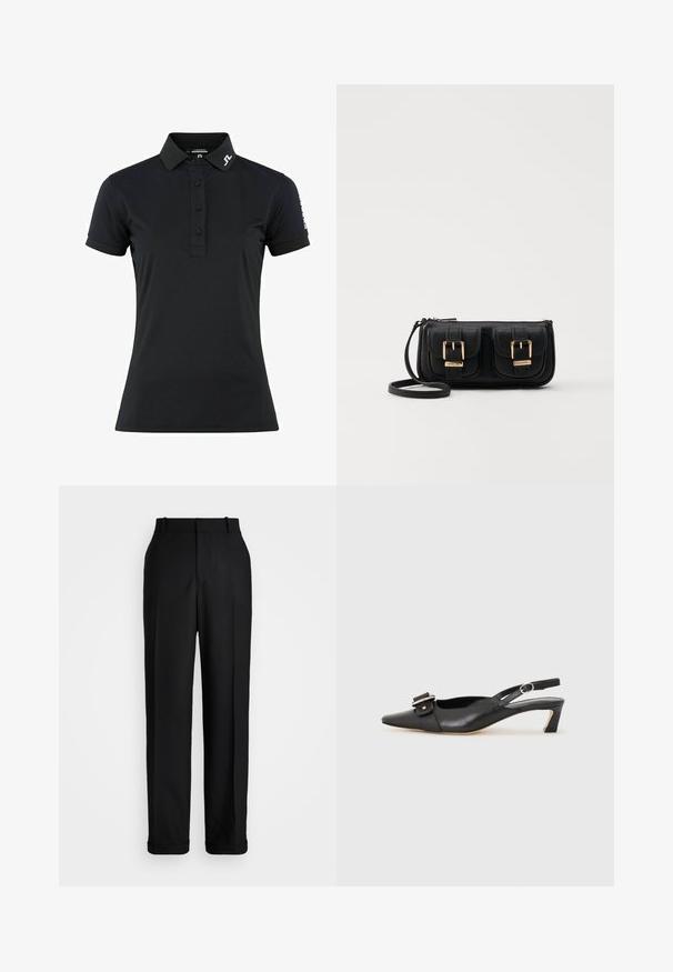 Černé polo tričko vyrobené z hladké látky, s límečkem, tříknoflíkovou légou a krátkými rukávy. Akcenty loga na límci a rukávu.; Polo Ralph Lauren HIGH RISE RELAXED STRAIGHT TROUSER - Kalhoty - black; Černé kožené sandály s úzkou špičkou, malým podpatkem a dekorativní sponou na nártu. Hladký povrch, minimalistický design.; Černá kožená crossbody taška se dvěma předními kapsami, zlatými přezkami, zipovým uzávěrem a štíhlým popruhem. Texturovaný povrch a kompaktní obdélníkový tvar.