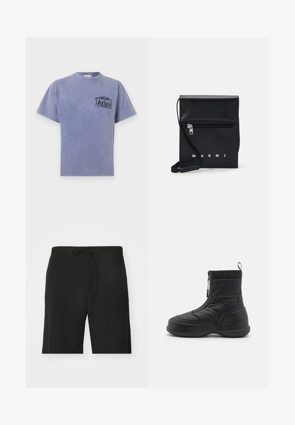 Fialové bavlnené tričko s krátkymi rukávmi, okrúhlym výstrihom a čiernym sieťotlačovým logom s nápisom "Aries" na ľavom prsníku.; Čierne ľanové šortky s viazaním v páse, vo voľnom strihu a dĺžke po kolená. Hladká textúra, jednoducho a klasicky štýlové.; Čierne nepremokavé snehové čižmy so hladkým syntetickým zvrškom, zipsom, polstrovaným golierom a textúrovanou gumovou podrážkou. Ozdobené značkovaním "MOON BOOT".; Čierna kožená kabelka cez plece s predným vreckom na zips, embosovaným logom a nastaviteľným popruhom. Hladká textúra so štruktúrovaným tvarom.