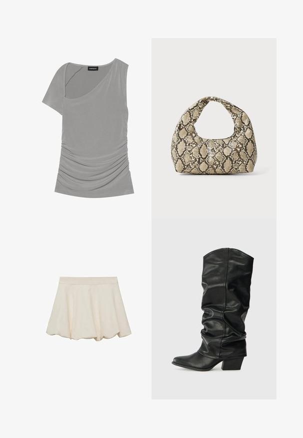 Šedý krátky rukávový top s asymetrickým dizajnom, zberanou textúrou na boku a okrúhlym výstrihom. Vyrobený z mäkkého, elastického materiálu.; Krémová sukňa s jemnou, hladkou textúrou, rozšíreným strihom a vlnkovaným lemom. Obsahuje široký elastický pás pre pohodlie.; Čierne kožené čižmy po kolená so sklopeným dizajnom, špicatou špičkou a masívnym opätkom, s hladkým povrchom a minimálnym šitím.; Kabelka s hadím vzorom a zakriveným rukoväťou. Vyrobená z textúrovaných béžových a hnedých materiálov, s charakteristickým diamantovým vzorom.