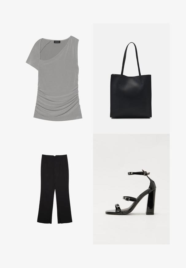Siva majica s kratkimi rokavi z asimetričnim dizajnom, nabiranjem ob strani in okroglim izrezom. Narejena iz mehkega, raztegljivega materiala.; Črne hlače ravnega kroja z naglavnimi žepi in stranskimi razporki na robu. Narejene iz mehke, gladke tkanine. Primerne za različne priložnosti.; Črne lakirane sandale s peto, kvadratnim prstom, trakovi okrog gležnja in srebrnimi zaponkami. Opremljene so s stabilno Debelo peto.; Črna usnjena torba s svilnato teksturo, pravokotne oblike in dvema dolgima ročajema. Brez vidnih metalnih delov ali okrasnih elementov.