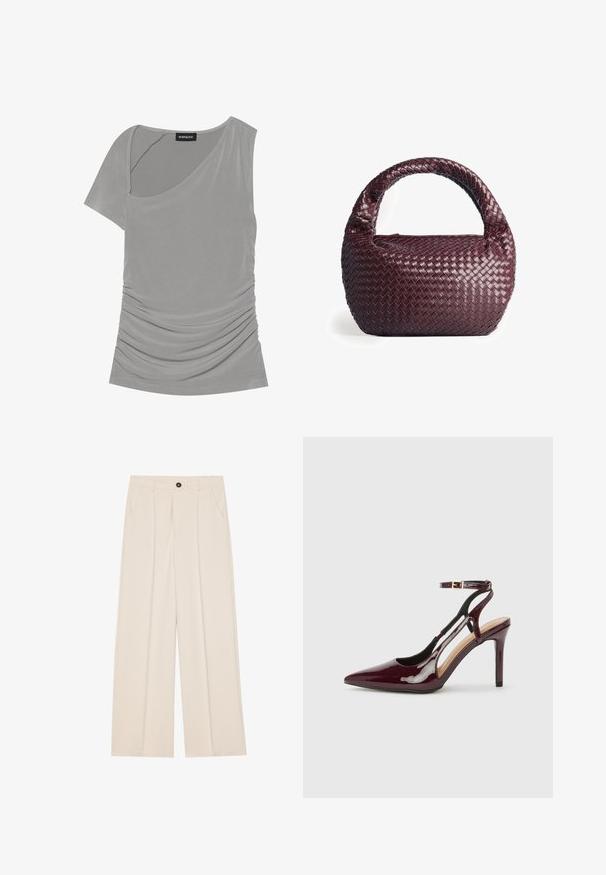 Grå kortærmet top med asymmetrisk design, samlet tekstur på siden og rund halsudskæring. Fremstillet af blødt, strækbart materiale.; Højdefinerede, vidde bukser i cremefarvet stof, med to sidelommer, en enkelt frontknap og frontfolder for ekstra detaljer.; Bordeaux patentlæder højhælede sko med spids tå, ankelrem og udskæringsdetaljer på siderne. Slank og glat finish.; Vævet burgunder håndtaske med en rund form, tyk hank og struktureret læder. Har en glat, blank overflade og lynlåslukning.