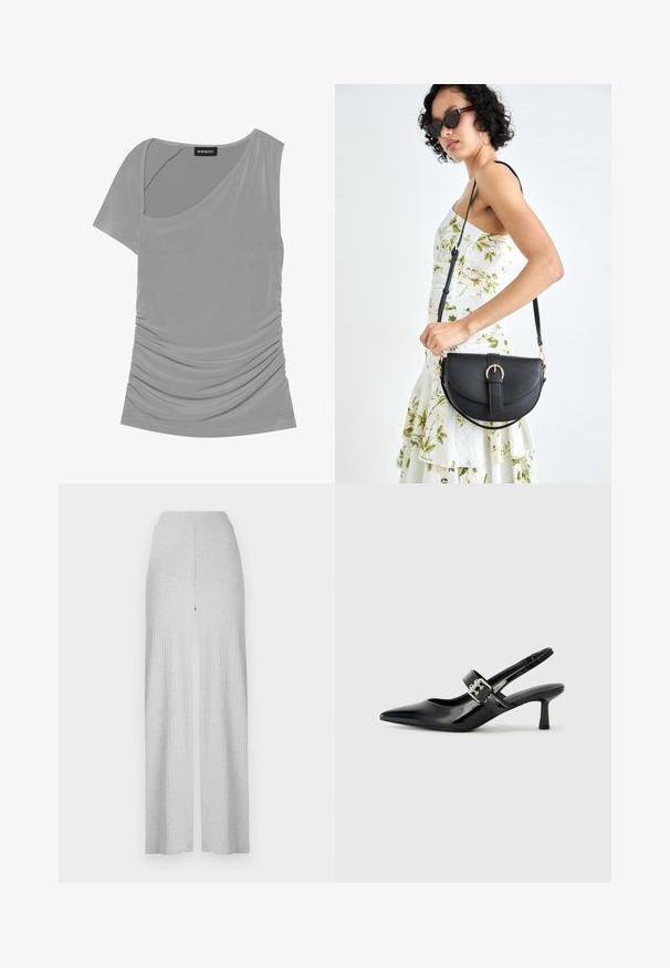 Bluză scurtă gri cu mâneci scurte, design asimetric, textură strânsă pe lateral și gât rotund. Fabricată dintr-un material moale și elastic.; Pantaloni largi drepți gri deschis, cu un talie înaltă și o deschidere frontală. Fabricat dintr-un material moale cu o textură fină.; Sandale cu toc din piele patent neagră, cu vârful ascuțit și un toc mic bloc, având un accent cu cataramă argintie pe curea.; Geantă din piele neagră, cu o formă curbată, curea detașabilă și accesorii aurii. Geanta are un capac cu un detaliu tip cataramă.