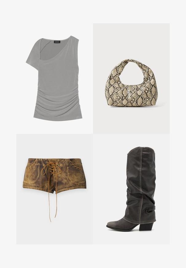 Pilkas trumpų rankovių viršus su asimetriniu dizainu, surenkama tekstūra šone ir apvalia iškirpte. Pagamintas iš minkštos, tamprios medžiagos.; Rudos užtrauktuvais šortai su tekstūruota paviršiumi ir kontrastingomis smėlio spalvos šniūromis. turi perforacijas ir prigludusį dizainą, kuris suteikia glaustą išvaizdą.; Pilki odiniai batas iki blauzdų, su laisvu dizainu, smailiu pirštu ir pastatytu kulnu. Išskirtiniai siuvimo detalės ant pirštų srities.; Gyvatės rašto rankinė su kreiviu rankenėle. Pagaminta iš tekstūruotų smėlio ir rudos spalvos medžiagų, su išskirtiniu rombo raštu.