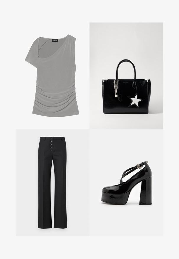 Szary top z krótkim rękawem o asymetrycznym kroju, z marszczeniem po bokach i okrągłym dekoltem. Wykonany z miękkiego, elastycznego materiału.; The Kooples - Spodnie materiałowe; The Kooples CHAUSSURES czarny; Czarna torebka z lakierowanej skóry o eleganckim kształcie. Posiada srebrne metalowe elementy, zamek i biały akcent w kształcie gwiazdy z boku.