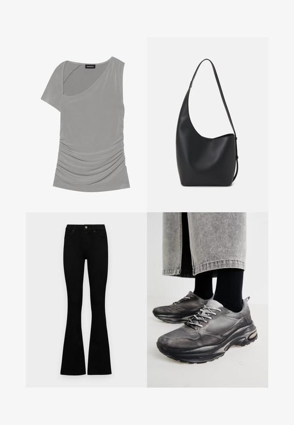 Top gris de manga corta con diseño asimétrico, textura fruncida en el costado y cuello redondo. Hecho de material suave y elástico.; Jeans negros de cintura alta con cierre de botón y cremallera, bolsillos frontales y piernas acampanadas, dispuestos sobre un fondo blanco.; Las zapatillas deportivas en negro y gris cuentan con una parte superior de malla, suelas gruesas y cordones. Tienen una punta redondeada y un detalle de amortiguación visible.; Bolso tipo hobo de cuero negro con una textura suave, forma curvada y una sola correa ajustable; presenta una amplia apertura en la parte superior.