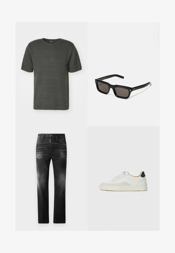 Tamsiai žalia trumpomis rankovėmis marškinėliai su tekstūruotu zigzagų raštu, apvaliu iškirpimu ir šiek tiek prigludusia forma. Pagaminti iš minkštos, kvėpuojančios medžiagos.; Juodi džinsai su tiesiu kirpimu. Spalvoti svyrantys plotai, šiek tiek sugadinti, klasikinis penkių kišenių dizainas ir mygtuko uždarymas.; Baltos sportbačiai su zomšos akcentais, apvaliu nosiu, plokščiais raišteliais ir kreminės spalvos guminiu padu. Ant kulno yra žalia ženklinimo detalė.; Juodos stačiakampės akinių nuo saulės su tamsiais objektyvais, storu plastiko rėmu, auksinėmis detalėmis ant šventyklų ir prekės ženklo logotipu išgraviruotu ant šono.