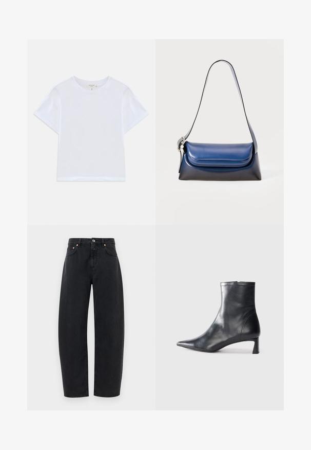 Valge lühikeste varrukatega lühike T-särk, mis on valmistatud pehmest puuvillast, ümarate kaelustega ja veidi lõdva kroobiga. Ilma mustrite ja aksessuaarideta.; Must mustrinnahast teksad sirge lõikega, viie taskuga ja vasest detailidega. Kanga pind on sile ja klassikalise õmblusega.; Mustad mustall nahkasaabas terava nina ja stiilse disainiga. Omab madalat konts ja luku sulgemist taga. Sile tekstuur.; Tumed nahkhandbag, millel on sile viimistlus, ümar kuju, volditud ülaosa ja üks õlavööd. Hõbedane riistvara aksessuaar kaasas.