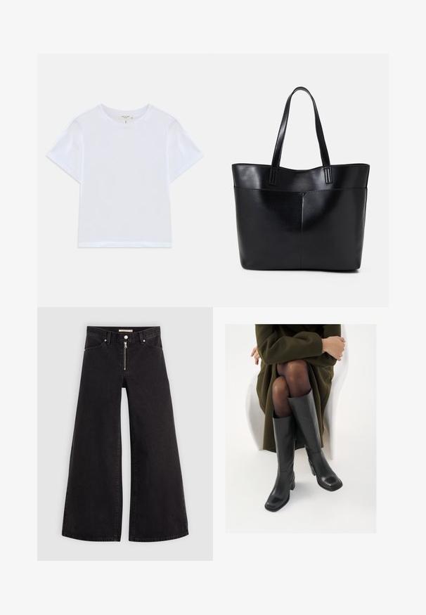 Maglietta bianca corta realizzata in morbido cotone, con scollatura rotonda e maniche corte, caratterizzata da una vestibilità leggermente rilassata. Nessun motivo o dettaglio.; Jeans a gamba larga in denim nero con chiusura a zip, design a cinque tasche e dettagli di cucitura sottili. Texture morbida e stile casual.; Stivali neri in pelle alti fino al ginocchio con punta squadrata e tacco a blocco, mostrati con un modello seduto in un cappotto verde oliva. Texture liscia, dettagli minimi.; Borsa a tracolla in pelle nera con due manici lunghi, una texture liscia e una forma strutturata. Presenta una tasca frontale per ulteriore spazio di archiviazione.