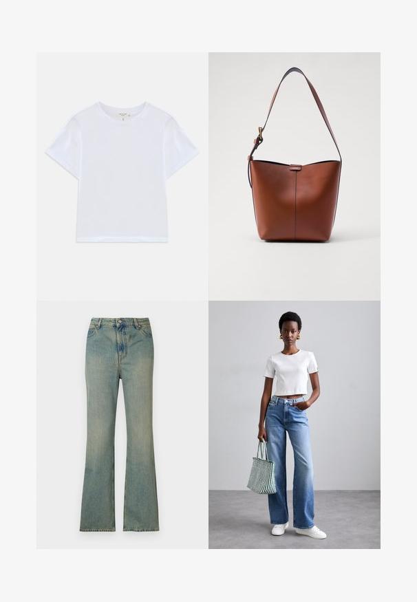 T-shirt blanc court en coton doux, avec un col rond et des manches courtes, d'ajustement légèrement décontracté. Pas de motifs ni d'accents.; Jean flare en denim bleu clair à taille haute, cinq poches et fermeture éclair. Fini propre et décoloré avec des détails de couture subtils.; T-shirt cropped blanc à côtes, jeans larges bleu clair, et sneakers blanches. Portant un sac fourre-tout à rayures vertes et blanches.; Sac à épaule en cuir marron avec une forme courbée, texture lisse et une seule sangle fine. Présente une couture subtile et un petit logo.