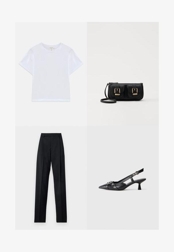 Fehér, rövid fazonú póló, puha pamutból készült, kerek nyakkal és rövid ujjakkal, enyhén laza szabással. Minták vagy díszítések nélkül.; Fekete nadrág sima anyagból, magas derékkal, széles lábakkal, elülső redőkkel és klasszikus övhurkokkal. Oldalzsebek nem láthatók.; Fekete bőr slingback cipő hegyes orral, dekoratív pántokkal, fém szemekkel és alacsony blokk sarkú. Texturált felület.; Fekete bőr keresztbody táska két elülső zsebbel, arany csattokkal, cipzáras záródással és vékony pánttal. Textúrált felület és kompakt téglalap alak.