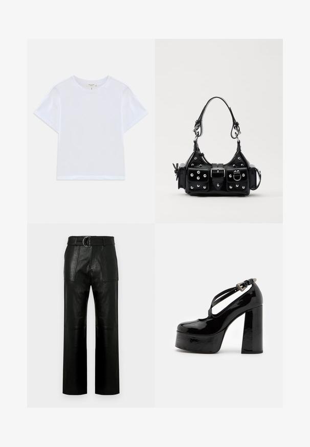 White cropped t-shirt made of soft cotton, featuring a round neck and short sleeves with a slightly relaxed fit. No patterns or accents.; High-waist black leather pants with wide legs, large front patch pockets, and a matching belt with double-ring buckle.; The Kooples CHAUSSURES - High heels - black; Black leather handbag with a curved design, featuring silver studs, a buckle, and two side pockets. Adjustable strap for carrying options.