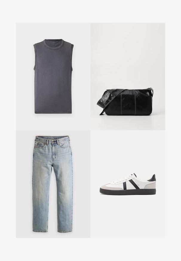 Šedý tielko bez rukávov s okrúhlym výstrihom, vyrobené z mäkkej bavlnenej tkaniny. Vyznačuje sa čistým, minimalistickým dizajnom a rovnými hranami na leme.; Svetlomodré džínsy s vysokým pásom, predným gombíkom, zipsom a dizajnom s piatimi vreckami, rozložené na neutrálnom pozadí.; Biele tenisky s čiernymi a šedými akcentmi, s textúrovanou šedou špičkou, čiernou gumovou podrážkou a plochými bielymi šnúrkami. Čistý dizajn, minimalistický štýl.; Čierna kožená kabelka cez plece so zipsovým uzáverom, so štruktúrovaným telom, bielym prešívaním a popruhom so striebornými očkami.