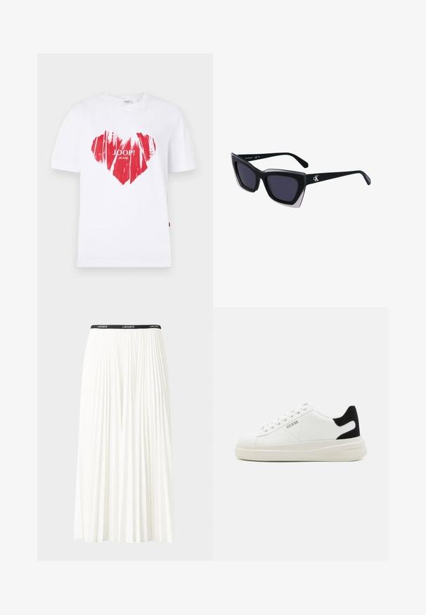 Baltas kokvilnas T-krekls ar lielu sarkanu sirds grafiku un tekstu "JOOP! JEANS" centrā. Īsas piedurknes un apaļa kakla dizains.; Gari plānas baltas svārku ar melnu elastīgu jostu, uz kuras redzams "LACOSTE" logo. Vidēja garuma dizains ar mīkstu tekstūru.; Baltas ādas sporta apavi ar biezu balto zoli, melna zamša uzpura un izspiestais logotips sānos. Šņorējuma dizains ar sešiem acu caurumiem.; Melni pārmēru saulesbrilles ar ģeometrisku formu, kas aprīkotas ar tumšiem stikliem un kontrastējošu pelēku akcentu uz rāmja. Logo uz kājas.