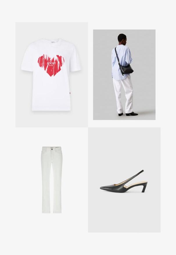 Balta medvilnės marškinėliai su dideliu raudonu širdies grafiku ir tekstu "JOOP! JEANS" centre. Trumpomis rankovėmis ir apvaliu kaklu.; Balti džinsai su siauru siluetu, 5 kišenėmis ir kontrastingomis siūlėmis. Yra sagos uždarymas ir subtilus prekės ženklas ant liemens.; Juodas smailus slingback batelis su žemu kulnu, pagamintas iš lygaus odos paviršiaus ir su išpjovomis šone, užtikrinančiomis oro pralaidumą.; Juodas odinis petinis krepšys su minkšta tekstūra, trikampiu pavidalu ir reguliuojama juosta, derinamas su šviesiai mėlynu dryžuotu marškinėliu ir baltais džinsais.