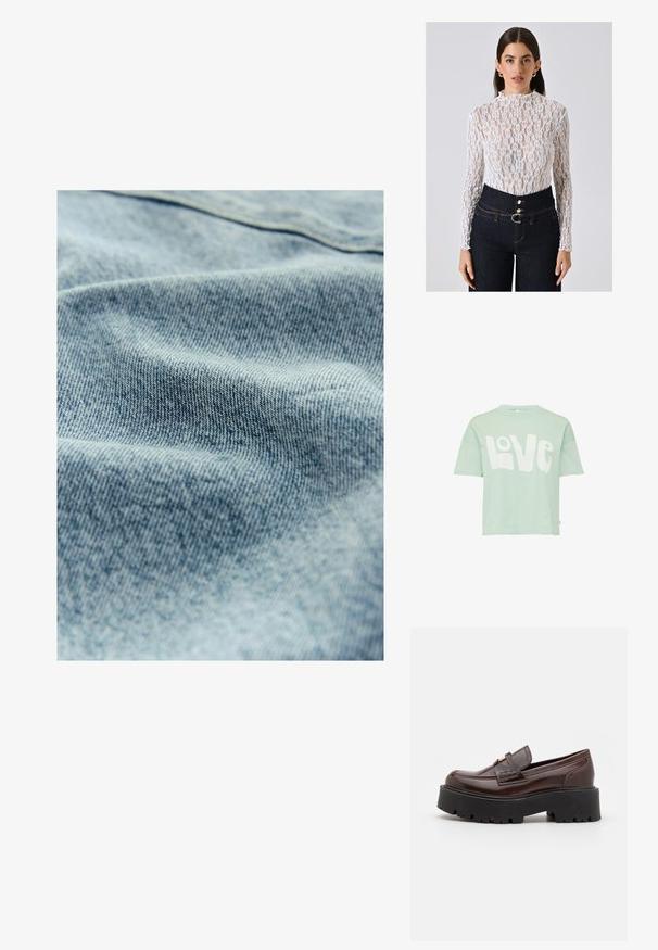 Mintgroene T-shirt met korte mouwen, gemaakt van katoen, met grote witte letters die "LOVE" spellen in een vet, speels lettertype.; Witte kanten top met lange mouwen en hoge hals, versierd met bloemmotieven en een ingewikkelde textuur, gecombineerd met high-waisted donkerdenim jeans.; Lichtblau denim stof met een subtiele textuur en zichtbaar weefpatroon, met lichte variaties in kleur en zachtheid.; Madden Girl CALISTA - Instappers - brown; Next BOWLER CHARM - Handtas - tan brown