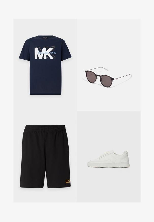 Tricou de culoare albastră marină, cu mânecă scurtă, având litere mari albe "MK" conturate în portocaliu și textul "MICHAEL KORS" în albastru deschis pe piept.; Shorts atletici negri dintr-un material moale, având o talie elastică și un mic logo galben EA7 pe partea inferioară a piciorului stâng.; Sneakers din piele albă cu un finisaj neted, vârf rotund, șireturi plate și o talpă texturată. Prezintă un logo subtil pe călcâi.; Ochelari de soare negri rotunzi cu lentile întunecate și brațe metalice subțiri. Include vârfuri transparente pentru brate și accente argintii la balama. Design minimalist.