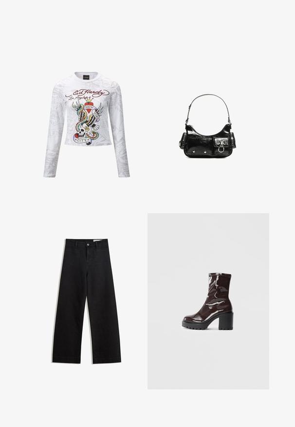 White long-sleeve shirt featuring a colorful tattoo-inspired graphic with a skull, wings, and "New York City" text. Soft fabric, cropped design.; Black wide-leg denim pants with a high waist, featuring front and back pockets, stitched seams, and a button closure. Smooth texture.; Glossy burgundy ankle boot with a chunky black heel, featuring a smooth texture and simple design. No visible fastenings or patterns.; Black patent leather handbag with a curved shape, one shoulder strap, front pockets, and silver-tone hardware accents.