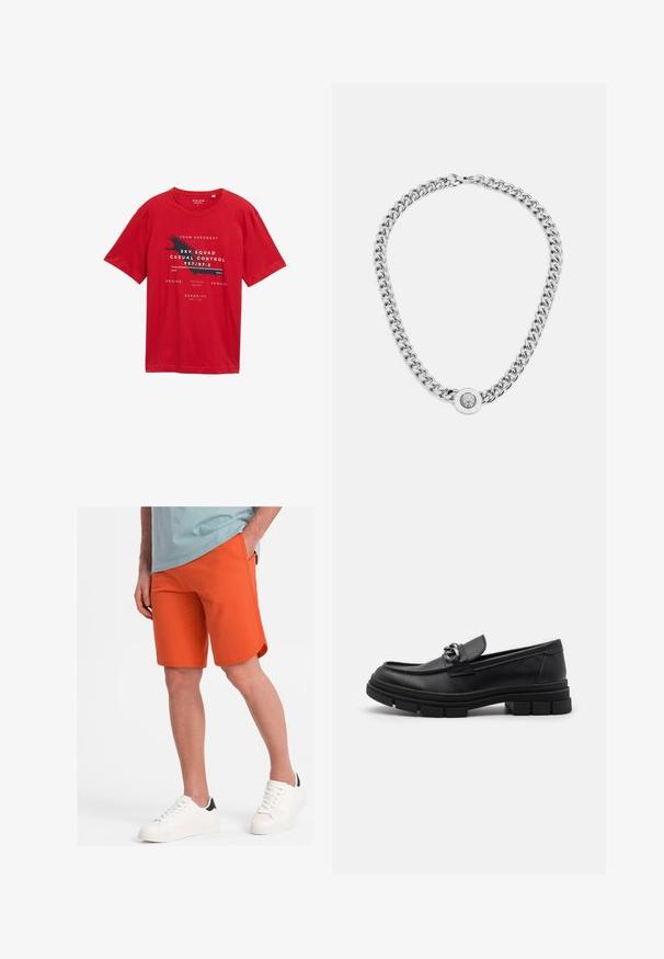 Rød bomulds t-shirt med korte ærmer, rund hals og grafisk print med tekst og et fuglemotiv i sort og hvid.; Hvid langærmet skjorte lavet af glat stof med standard krave, frontlukning med knapper og afrundet kant. Ingen synlige mønstre eller accenter.; Orange shorts lavet af blød stof med en glat tekstur, der har sidelommer og en buet kant, parret med hvide sneakers.; Sort læderloafer med rund tå, en dekorativ rem og hardware, samt en chunky tekstureret sål. Glat finish med subtile detaljer.; Sølv kædedyse med tykke led og et centralt cirkulært vedhæng med indviklet detaljering. Glat, reflekterende metaloverflade.