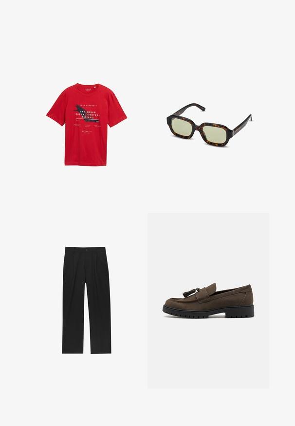 Rotes Baumwoll-T-Shirt mit kurzen Ärmeln, Rundhalsausschnitt und grafischem Druck mit Text und einem Vogelmotiv in Schwarz und Weiß.; Schwarzes Langarmhemd mit klassischem Kragen, knöpfbarem Frontbereich und glatter Stoffstruktur. Verfügt über gerade Manschetten und ein reguläres Schnittdesign.; Schwarze Hose mit geradem Schnitt, aus einem glatten Stoff gefertigt. Verfügt über Vorderfalten und einen einzelnen Knopfverschluss an der Taille.; Braune Wildleder-L loafers mit glattem Obermaterial, runder Zehenform und dekorativem Quasten. Sie verfügen über eine robuste schwarze Gummisohle für besseren Halt.; Schildpatt-Sonnenbrille mit grün getönten Gläsern, rechteckiger Form, breitem Rahmen und glatter Oberfläche. Akzente an den Bügeln.