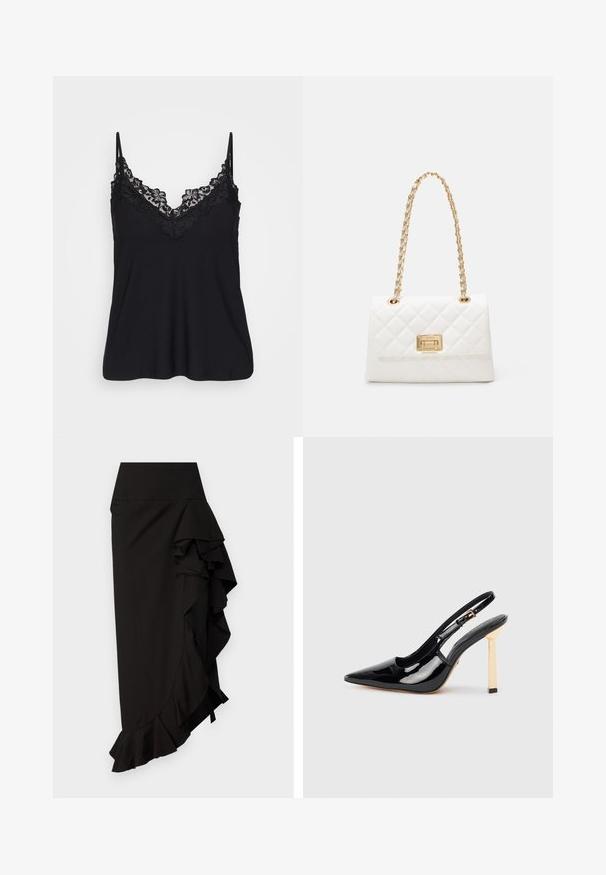 Camisol negru cu dantelă pe decolteu și bretele; material moale cu un design fluid pentru o potrivire lejeră.; Sister Jane WATERFALL SKIRT - Fustă maxi - black; Pantofii cu toc înalt din piele patentă neagră, cu vârful ascuțit și accent de toc pătrat în tonuri de aur. Include curea ajustabilă pentru gleznă.; Geantă albă matlasată cu un strap din lanț auriu și un închizător rectangular. Prezintă o textură netedă și un model de cusătură geometric.