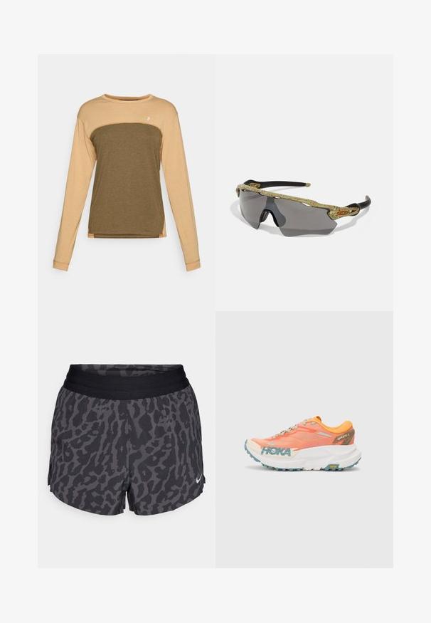 Camisa de mangas longas com uma parte superior bege e uma parte inferior verde oliváceo escuro. Tecido suave e texturizado com costuras contrastantes nos ombros.; Calções de padrão de leopardo em preto e cinza com uma cintura elástica larga, apresentando um brilho subtil e um pequeno logotipo da Nike em branco no canto inferior direito.; Sapatilha de corrida laranja e rosa com parte superior em malha, entressola branca, sola Vibram e detalhes em azul claro. Apresenta a marca HOKA na lateral.; Óculos de sol desportivos com uma armação padrão verde, braços pretos e lentes cinzentas. O design apresenta um estilo envolvente com uma forma ousada e desportiva.