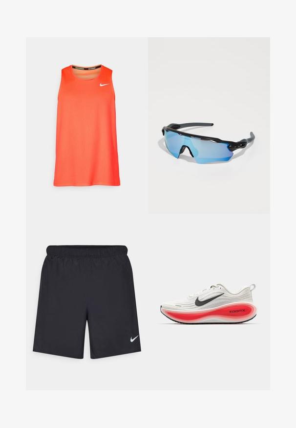 Helles orange ärmelloses Nike Lauf-Top mit weißem Swoosh-Logo auf der Brust und "Nike Running"-Text im Kragen.; Schwarze sportliche Shorts aus leichtem Material mit einem elastischen Bund. Auf der unteren linken Seite befindet sich ein kleines weißes Nike-Logo.; Nike Laufschuhe mit einem weißen gestrickten Obermaterial, schwarzem Swoosh und einer dicken roten und weißen gepolsterten Sohle mit der Bezeichnung "ZOOMX". Schwarze Traction-Außensohle.; Sportsonnenbrille mit einem schwarzen Rahmen, großen blau getönten Gläsern und einem robusten Design. Sie bieten einen verbesserten Rundumschutz.