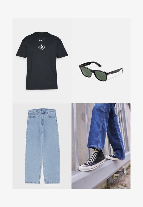Černé bavlněné tričko s krátkými rukávy a kulatým výstřihem, s bílým logem Nike a grafickým prvkem ve tvaru diamantu s designem bílé ponožky.; Světle modré džíny s rovnými nohavicemi, středním pasem, pěti kapsami a zapínáním na knoflík a zip.; Černé vysoké tenisky s bílou podrážkou a tkaničkami, v kombinaci s volnými modrými džíny, odpočívající na šedém zábradlí.; Černé plastové sluneční brýle se zelenými skly, čtvercové obroučky, stříbrný detail na obočí a texturované stranice. Značka uvedená na vnitřní straně stranic.