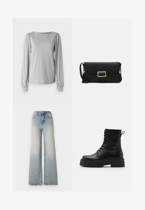 Langärmliges graues Oberteil aus einem glatten, dehnbaren Material. Verfügt über einen runden Halsausschnitt und eine geraffte Detailverarbeitung an den Ärmeln mit elastischen Bündchen.; Hellblaue weit geschnittene Jeans aus Denim, mit hoher Taille, fünf Taschen und sichtbaren Nähten entlang der Säume.; Schwarze Lederstiefeletten mit runder Zehenpartie, Schnürung vorne und einer dicken Gummisohle mit strukturiertem Profil. Mit Zugschlaufe an der Rückseite.; Schwarze Leder-Clutch mit Klappe und goldfarbenem Metallschnallen-Detail. Enthält einen schwarzen Riemen und ein schlankes, minimalistisches Design.; Goldfarbene Ohrringe in Form von dünnen, runden Kreolen, mit einer glatten, metallischen Oberfläche und ohne Verzierungen oder Muster.