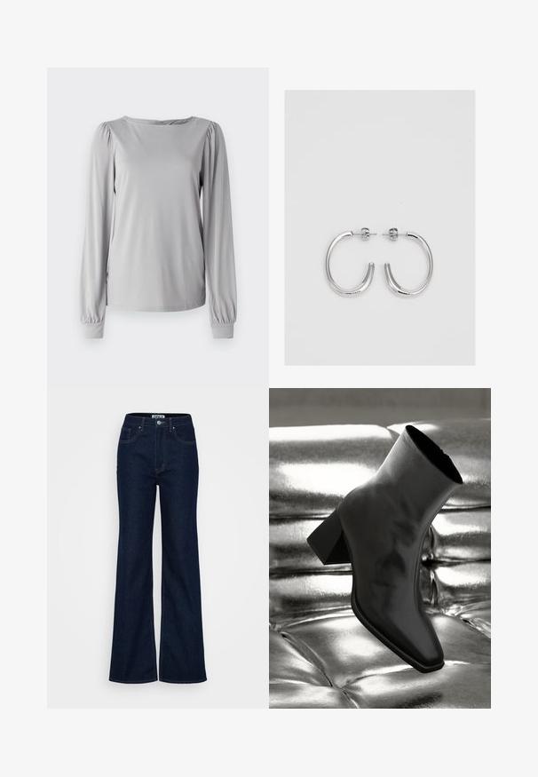 Grå långärmad topp av ett glatt, elastiskt material. Har en rund halsringning och rynkade detaljer vid ärmarna med elastiska manschetter.; ONLY Tall ONLJUICY WIDE RINSE - Wide leg - dark blue denim; Svarta ankelboots i glänsande material med fyrkantig tå och avsmalnande klack, placerade mot en glänsande silverfärgad vadderad bakgrund.; Silverfärgade hängande örhängen med en slät, blänkande yta. Rundad form, lätt design, med ett stift- och bakstängning.
