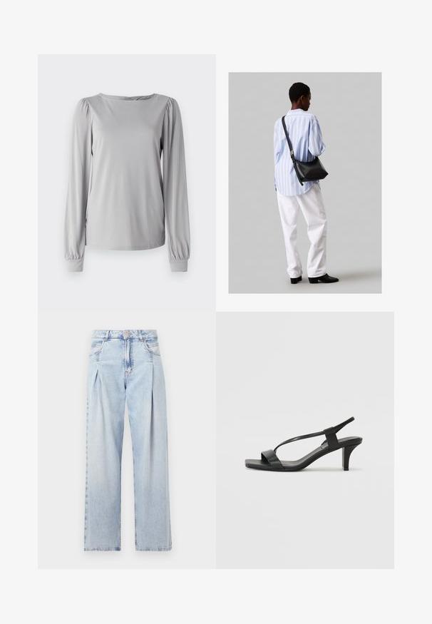 Pikad varrukad hallist toidust, mis on valmistatud siledast ja venivast materjalist. Omab ümmargust kaelust ja kootud detaili varrukatel, millel on elastsed mansetid.; Heledad sinise denimist valmistatud teksapüksid kõrge vöökohaga, laia jala lõikega, kahe külje taskuga ja pleedi disainiga. Pehme tekstuur ja pleekinud viimistlus.; Mustad musta kõrge kontsaga sandaalid, millel on õhuke rihmastik, ruudukujuline nina ja keskmise kõrgusega plokknina. Valmistatud siledast nahast mattviimistlusega.; Must have mustras alasi nahkpatsi, pehme tekstuuriga, kolmnurkse kujuga ja reguleeritava rihmaga, koos helesinise triibulise särgi ja valgete pükstega.