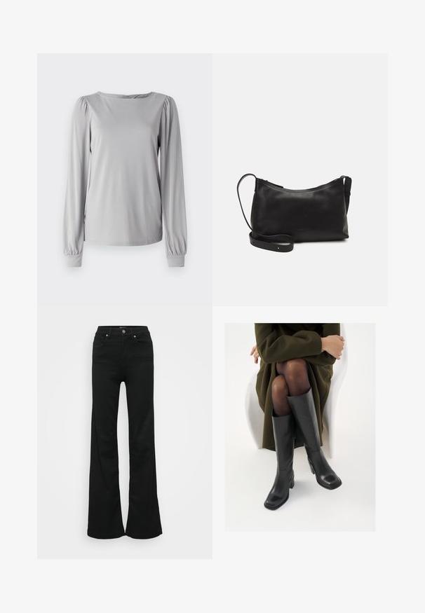 Long-sleeve gray top made of a smooth, stretchy material. Features a round neckline and gathered detail at sleeves with elastic cuffs.; Black flared jeans made from denim, featuring a high waist, five pockets, and metal button closure. Smooth texture with minimal detailing.; Knee-high black leather boots with a squared toe and block heel, shown with a model seated in an olive green coat. Smooth texture, minimal detailing.; Black leather shoulder bag with a smooth texture, curved shape, adjustable strap, and a zip closure. Minimalist design without embellishments.; Silver double-band ring with a smooth, polished surface. Features a fluid, curved design with overlapping sections for a modern look.