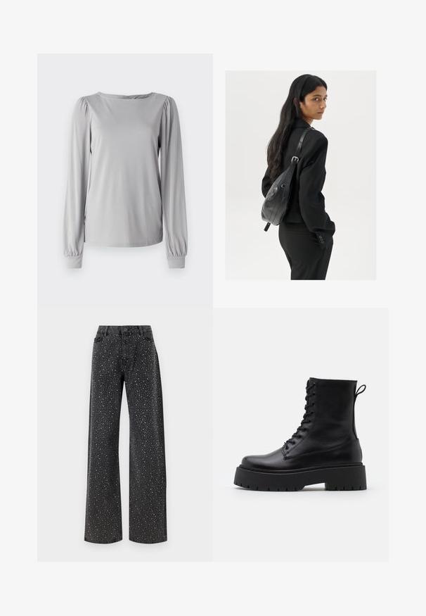Langærmet grå top lavet af et glat, strækbart materiale. Har en rund halsudskæring og samlet detalje ved ærmerne med elastiske manchetter.; Noisy May NMJANNEL LOOSE - Jeans Relaxed Fit - black denim; Sorte læder ankelstøvler med rund tå, snørebånd foran og en tyk gummisål med struktureret slidbane. Hæfteløkke bagpå.; Kvinde med langt, mørkt hår iført en sort dragt, bærende en sort læder skuldertaske, som ser over sin skulder mod en hvid baggrund.; Sølvøreringe med et minimalistisk design. Cirkulær form, glat tekstur og tynd profil. Letvægtige med en poleret overflade.