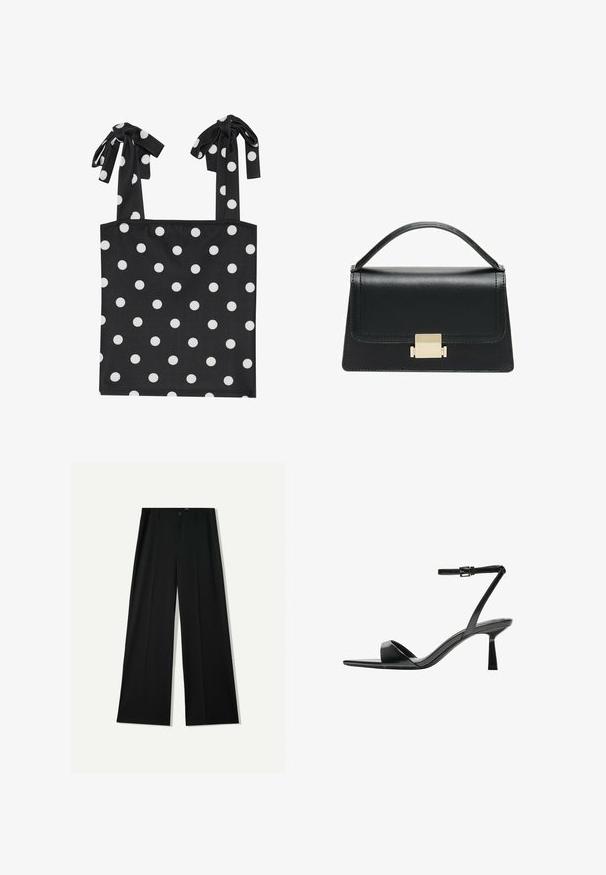Crni bezrukavni top s bijelim točkicama, s vezicama za vezanje. Izrađen od glatkog materijala s uskim tijelom i ravnim rubom.; Bershka WIDE - Hlače - black; Bershka Sandale s visokom petom - black; Crna kožna torba s strukturiranim dizajnom, gornjom drškom i zlatnim metalnim kopčanjem na prednjoj strani. Glatka tekstura, minimalno šivanje.
