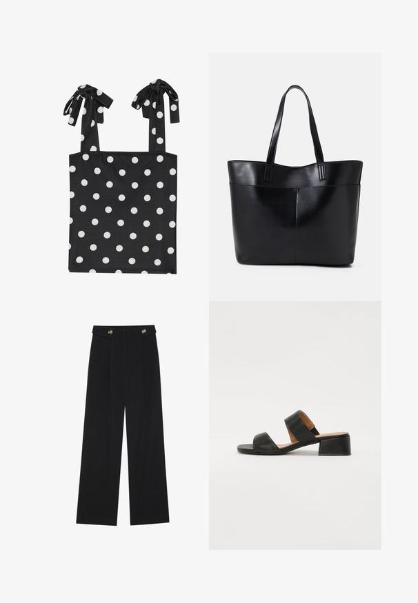 Svart ermeløs topp med hvite prikker, med knytebelter. Laget av glatt stoff med en tettsittende overdel og rett kant.; Svart vide bukser med høy midje, knappdetaljer på midjebåndet og frontplisser.; Sorte lær sandaler med to brede stropper over foten, firkantet tå og lav blokkhæl. Glatt tekstur og minimalistisk design.; Svart lær toteveske med to lange håndtak, en glatt tekstur og en strukturert form. Har en frontlomme for ekstra oppbevaring.