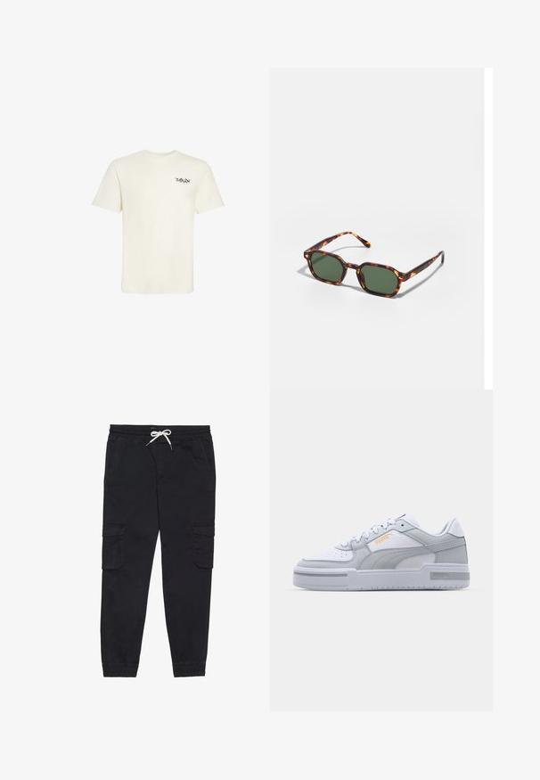 Enkelt hvid T-shirt med korte ærmer og lille sort tekstlogo i graffiti-stil på venstre bryst mod en hvid baggrund.; Sorte cargobukser lavet af bomuld, med en elastisk talje med snøre, sidelommer og tætsiddende ankler.; Grå og hvide sneakers med glat læderoverdel, perforeret tå, snørebåndslukning, teksturerede detaljer og et diskret guld-logo.; Skildpaddefarvede solbriller med grønne linser, der har en oktagonal form og slanke, buede arme. Materialet har en blank finish.