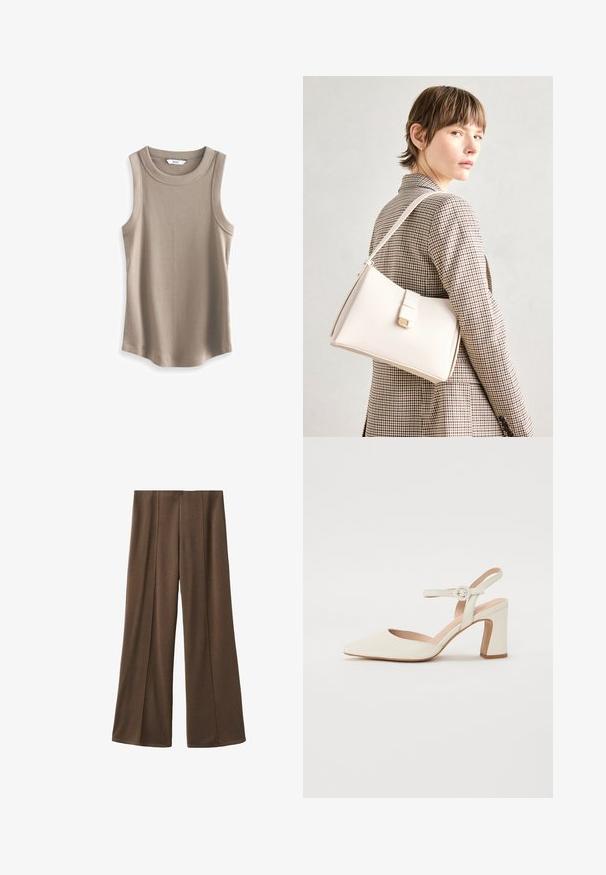 Next RACER STANDARD - Top - brown; Pantaloni a gamba larga marroni realizzati in tessuto morbido, con pince che scendono davanti e una vita pulita e senza cuciture.; Décolleté a punta, color crema, con tacco a blocco. Presenta una sottile cinghia alla caviglia con una fibbia rotonda e una texture in pelle liscia.; Borsa a mano in pelle bianca con un design strutturato, presente di un clasp magnetico e una tracolla, esposta su uno sfondo neutro.