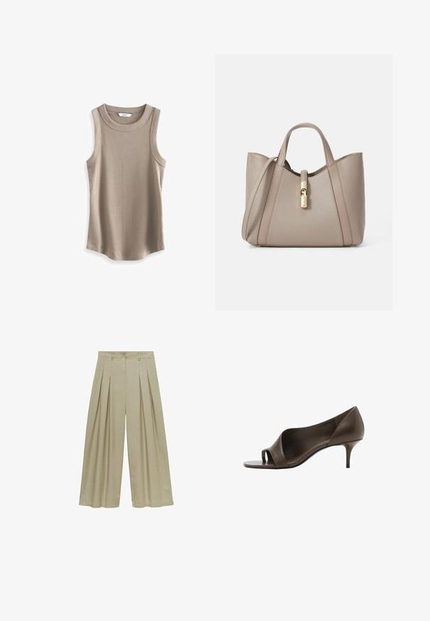 Next RACER STANDARD - Top - brown; Mango Hlače - light green; Rjavi usnjeni sandal na visoki peti z gladko teksturo in ožjim stiletto petam. Ima izrezljan dizajn in minimalistično obliko.; Bežna usnjena torba z dvojnimi ročaji, zlato zaponko in strukturirano zasnovo, ki vključuje kontrastne gladke in teksturirane panele.