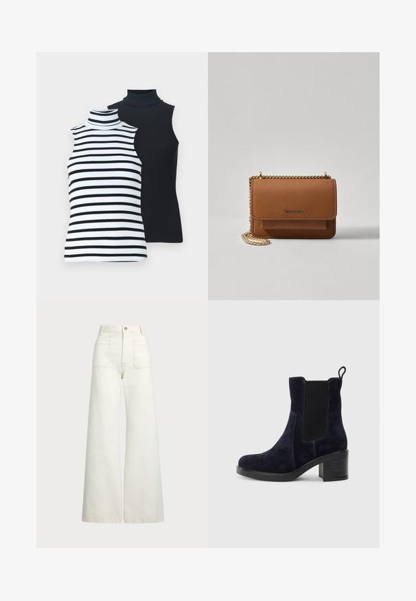 Dwa bezrękawnikowe golfy: jeden biały w czarne paski, drugi jednolity czarny. Miękka, prążkowana tkanina, dopasowany krój, bez dodatkowych detali.; Spodnie dżinsowe o szerokich nogawkach w odcieniu off-white. Wysoki stan z zapięciem na guzik, dwiema kieszeniami z przodu i detalami z kontrastowym przeszyciem.; Granatowo-niebieski zamszowy botek za kostkę z elastycznym bocznym panelem, zaokrąglonym noskiem i słupkowym obcasem. Teksturalna tkanina i gładka podeszwa dodają kontrastu.; Brązowa skórzana torba na ramię z teksturą, z złotym łańcuszkiem i zapięciem na klapkę. Z przodu znajduje się detal z logo oraz kieszeń pod klapką.