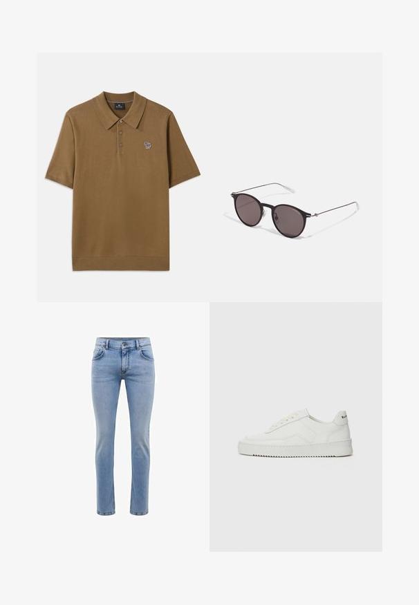 Rudas polo marškinėliai pagaminti iš minkštos medžiagos su išlenktu apykakle, trimis mygtukais ir mažu daugiarūšiu juostelių arkliuko logotipu ant krūtinės.; Šviesiai mėlynos džinsinės kelnės su siauromis kojomis, penkiais kišenėmis ir tiesiomis kojomis. Su užtrauktuku ir diržo kilpomis. Švelnus paviršius.; Balti odiniai sportiniai bateliai su lygia apdaila, apvaliu pirštu, plokščiais raišteliais ir tekstūruotu padu. Pasižymi subtiliu logotipu ant kulno.; Juodos apvalios saulės akinių su tamsiais lęšiais ir plonomis metalinėmis šakomis. Įtraukti skaidrūs šventyklų galai ir sidabriniai akcentai vyrio srityje. Minimalistinis dizainas.