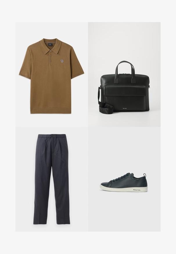 Barna pólóing, puha szövetből, hajtható gallérral, három gombbal és egy apró, többszínű csíkos lólogóval a mellrészen.; Sötét tengerészkék nadrág, puha anyagból, plissézett elejű kialakítással és gumis derékkal. Gombos záródással és egyenes szárú szabással rendelkezik.; Sötét tengerészkék bőr sportcipő sima felülettel, lekerekített orral, hat fűzőlyukkal és kontrasztos fehér gumitalppal. Oldalán márkajelzéssel rendelkezik.; Fekete bőr aktatáska kettős felső fogantyúkkal, elülső zsebbel és levehető pánttal, az alján diszkrét logóval.