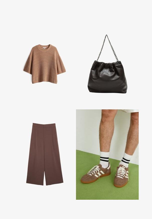 Kurzärmliger, locker sitzender Pullover in Hellbraun, mit gestrickter Textur, geripptem Ausschnitt und vertikalen Nahtdetails. Weiches, lässiges Design.; Braune Weite-Leg-Hosen mit einer glatten Textur, hoher Taille und Vorderfalten. Der Stoff ist leicht und fällt locker.; Braune Wildleder-Sneaker mit weißen Akzenten und Schnürsenkeln. Gummisohle in Kautschuk-Optik. Getragen mit weißen Socken, die schwarze Streifen haben. Grüner strukturierter Fußboden.; Braune Lederhandtasche mit gerafftem Oberteil und Kettenriemen. Glatte Textur mit glänzendem Finish und subtilen Nahtdetails an den Seiten.