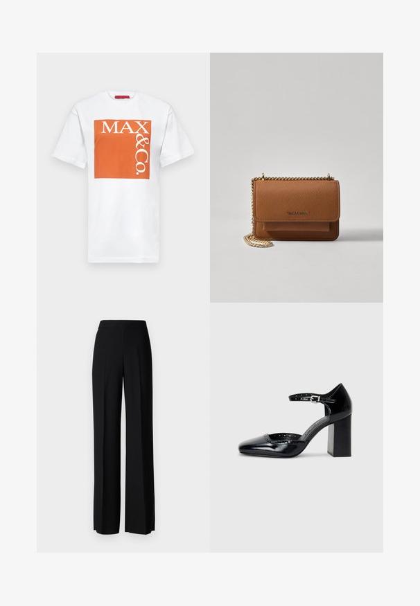 MAX&Co. TEE - Marškinėliai su spaudiniu - orange; Juodi platūs kelnių kelnės su lygiu paviršiumi, turinčios aukštą liemenį ir centrinės raukšlės. Nėra matomų raštų ar metalinių detalių.; Juodos lakuotos aukštakulnės bateliai su kvadratine nosimi, kulkšnies dirželiu ir masyviu kulnu. Apima perforuotus detalizavimus aplink kraštą.; Ruda tekstūruota odinė per petį nešama rankinė su auksiniu grandininiu dirželiu ir užlenkiamo užsegimo. Priekinėje pusėje yra logotipo detalė ir kišenė po užlenkimu.
