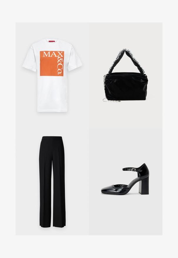 MAX&Co. TEE - T-Shirt print - orange; Schwarze weite Hosen mit einer glatten Textur, ausgestattet mit einem hohen Bund und mittleren Falten. Keine sichtbaren Muster oder Hardware-Details.; Schwarze patentierte Leder-High Heels mit quadratischer Zehenform, Knöchelriemchen und dicker Absatz. Enthält durchbrochene Details entlang des Randes.; Schwarze Handtasche aus Kunstleder mit strukturiertem Finish, ausgestattet mit einem mit Perlen verzierten silbernen Akzent am oberen Griff und einem Kettenriemen.